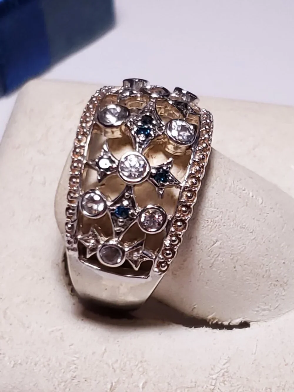 Estate .76ctw Natural Blue Diam & Sapphire open Bezel Sterling 925Band Ring24423